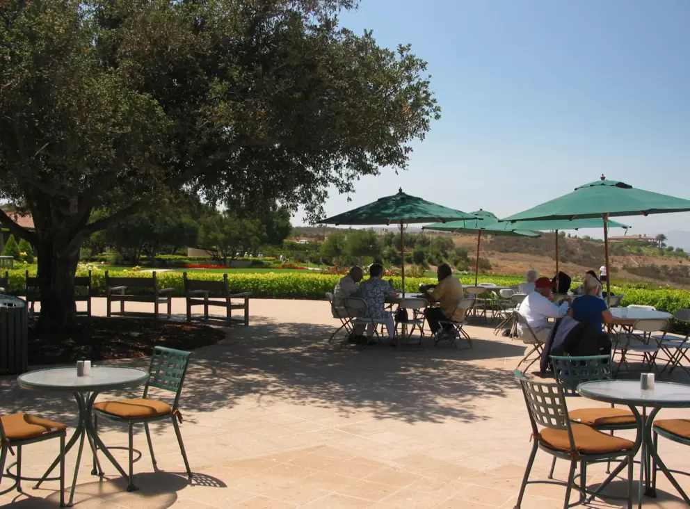 Outdoor seating at the cafeteria.