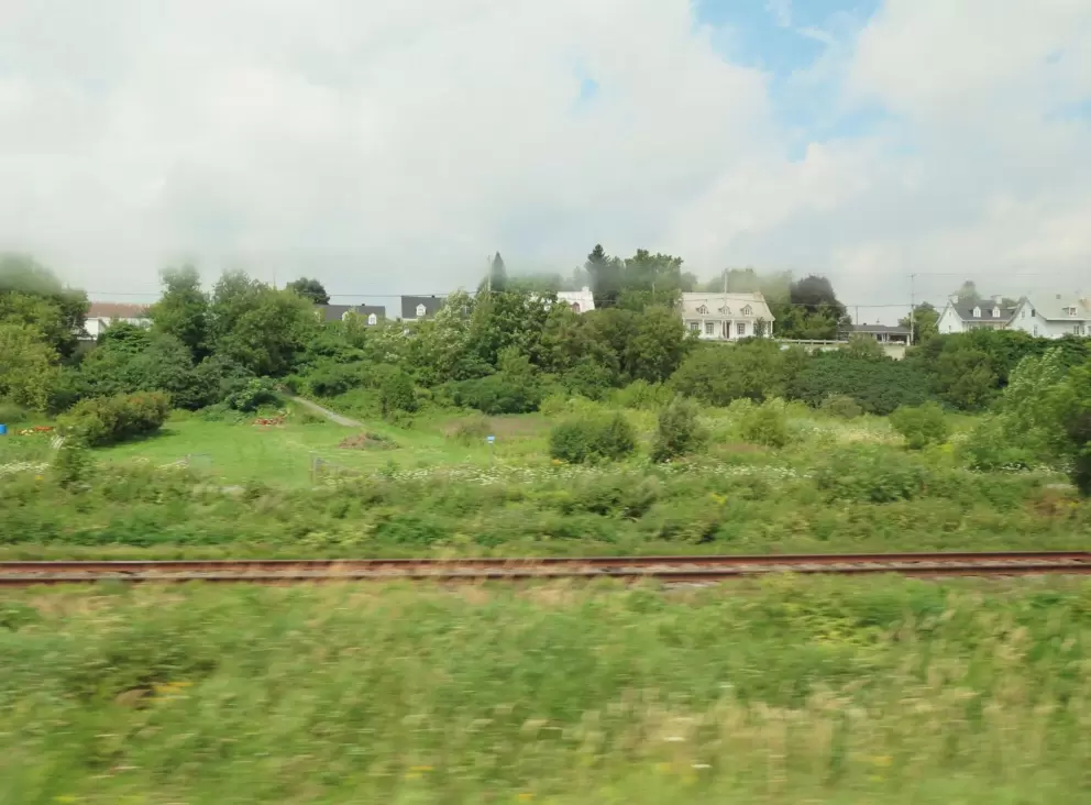 Misty hillside and railroad tracks you see as you drive away from the basilica.