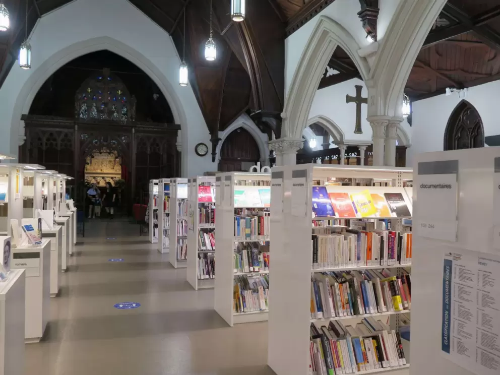 Bookshelves inside Bibliotheque Claire-Martin, which used to be a church. 