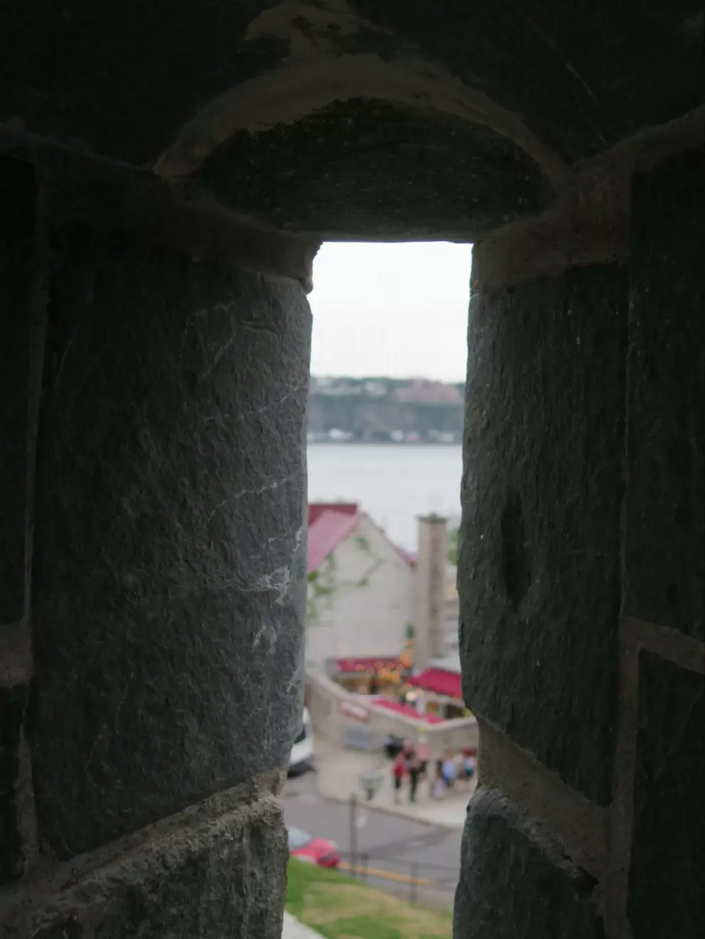 Looking at Lower Town through the openings in the wall near Prescott Gate. 