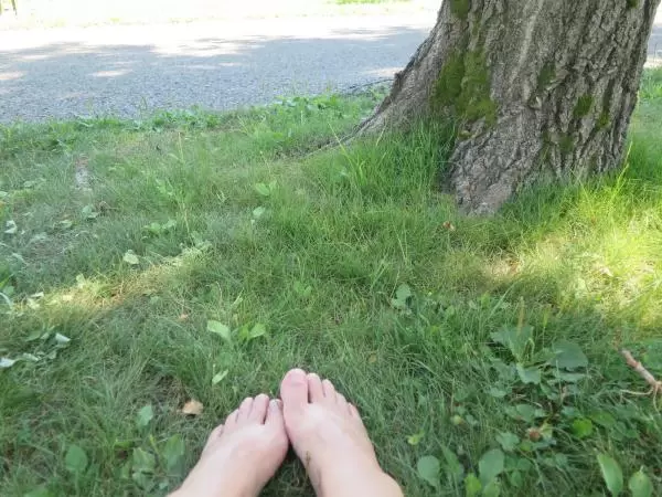 Sitting under a tree on the soft grass.