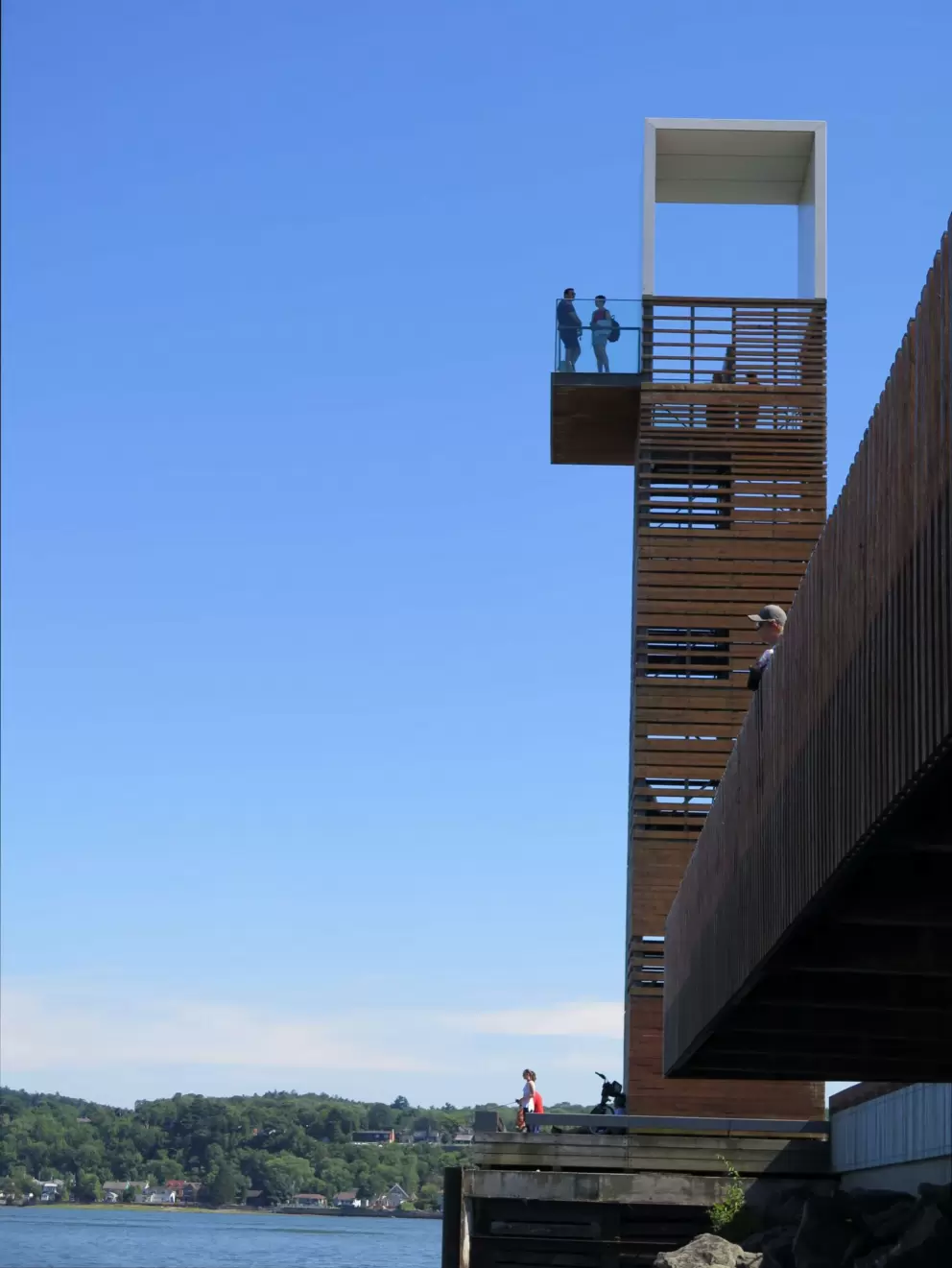 A couple stands at the top of the tower. 