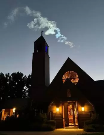 St Mark's in the Valley Church, at night during a rocket launch! Photo by Nichole Dechaine. 
