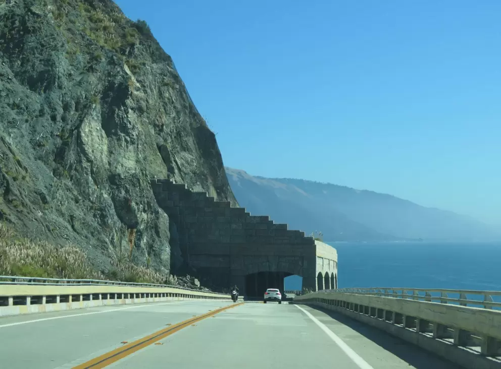 Driving the Rain Rocks Rock Shed, a structure on top of Pitkins Curve Bridge. 