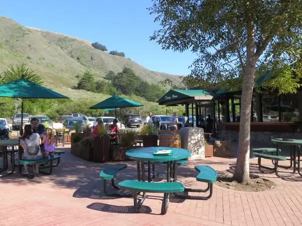 The picnic tables where you can have breakfast or lunch at Ragged Point. 