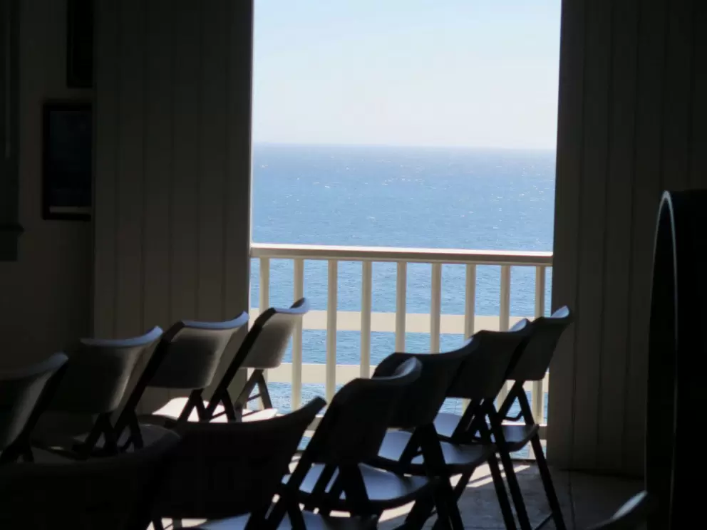 Views of the water, from the hall where the fog horn and fresnel lens are kept. 