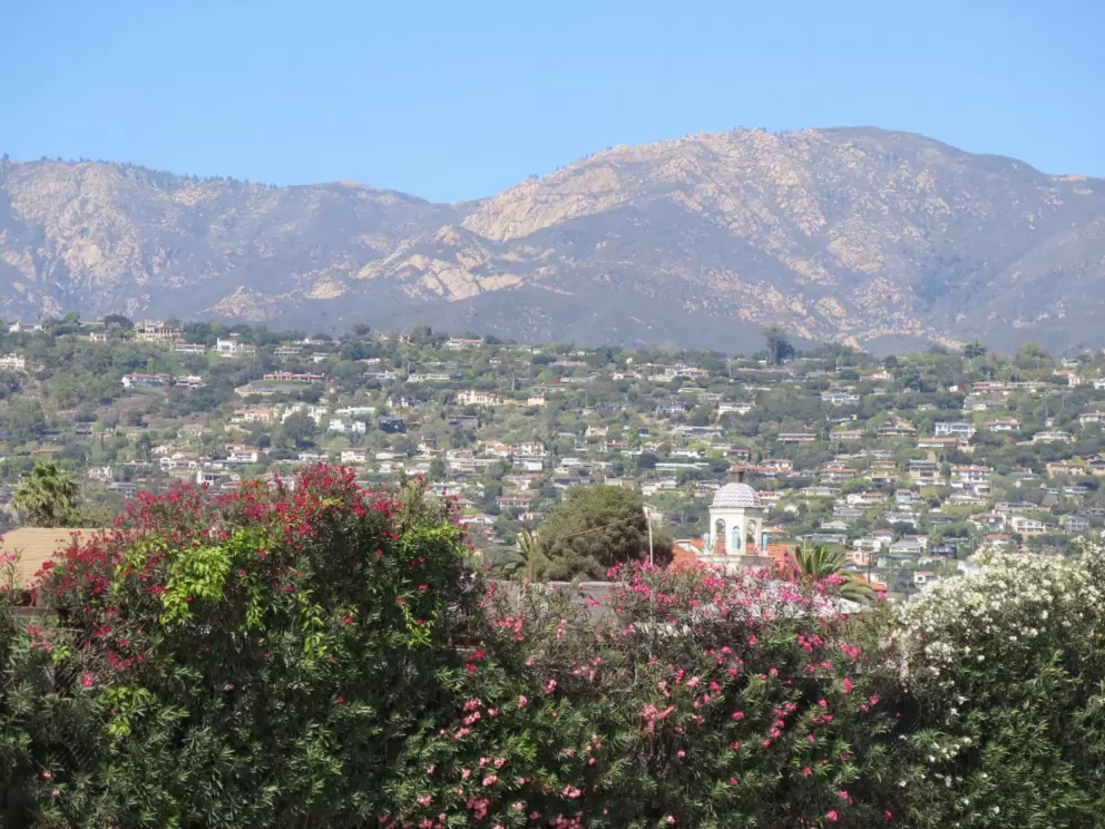 View of the mountains from the street. 