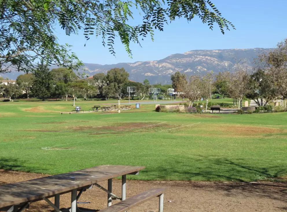 Picnic table with mountain views. 