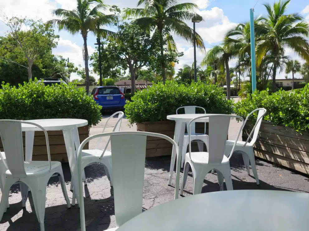 Outdoor seating at Cones &amp; Coffee.