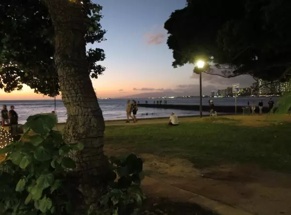 Sunset on the lawn by the sea. 