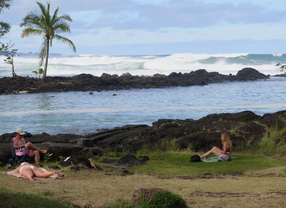 Sitting on the lawn by the rocks, on a day with rough surf out at sea. 