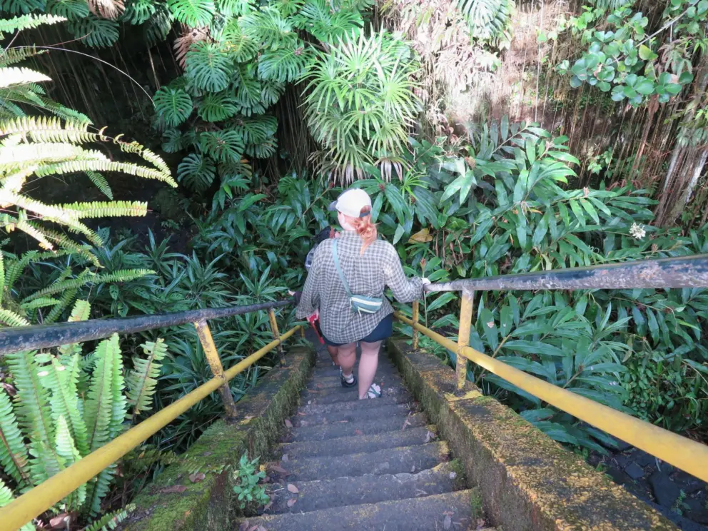 Climbing down the stairs into the lava cave area. 