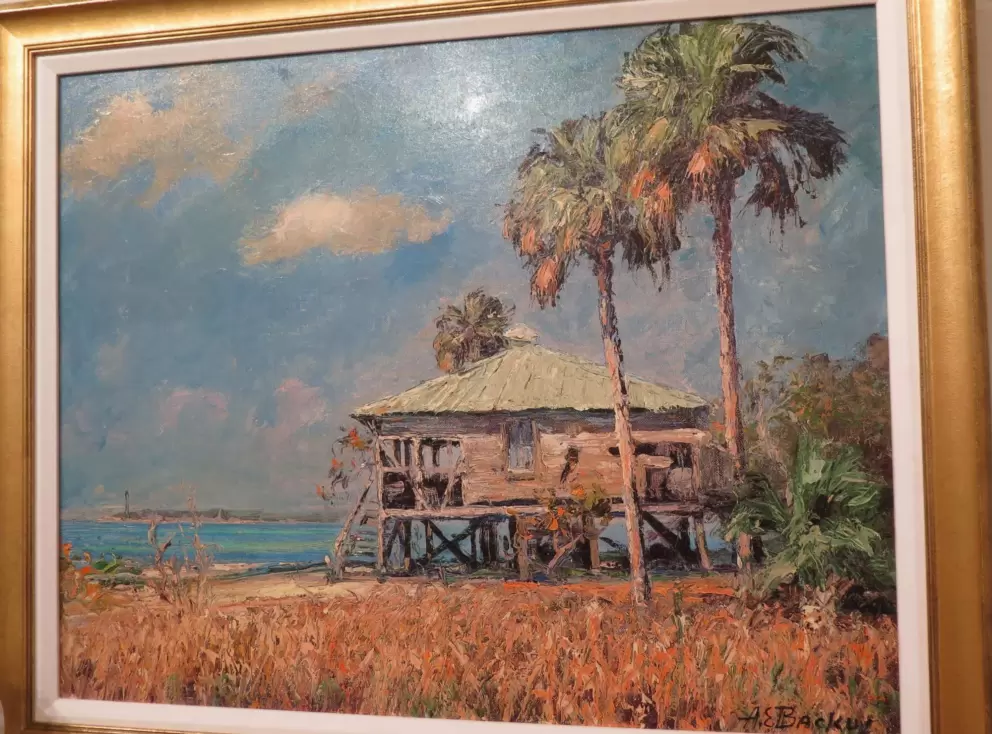 A painting of a house on stilts. 