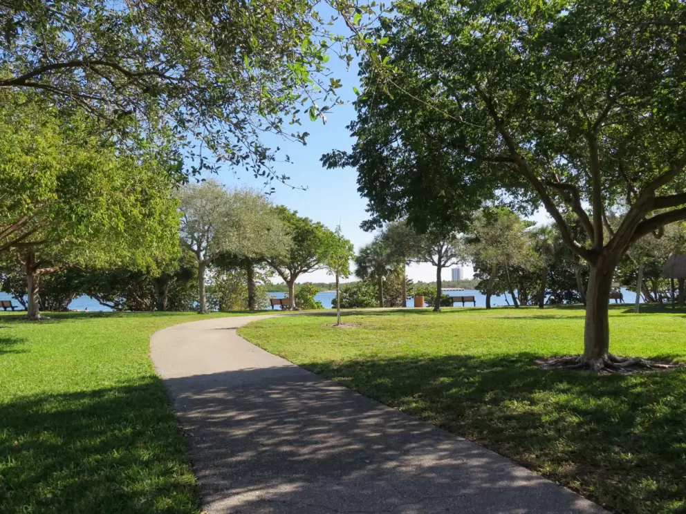Sunny lawns and winding path. 