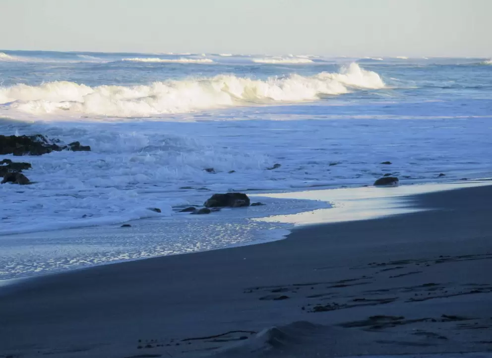 The shimmering shoreline at sunset. 