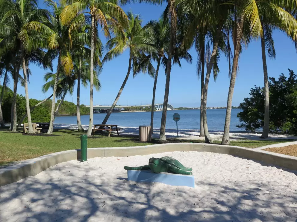 The sand pit with a turtle sculpture. 