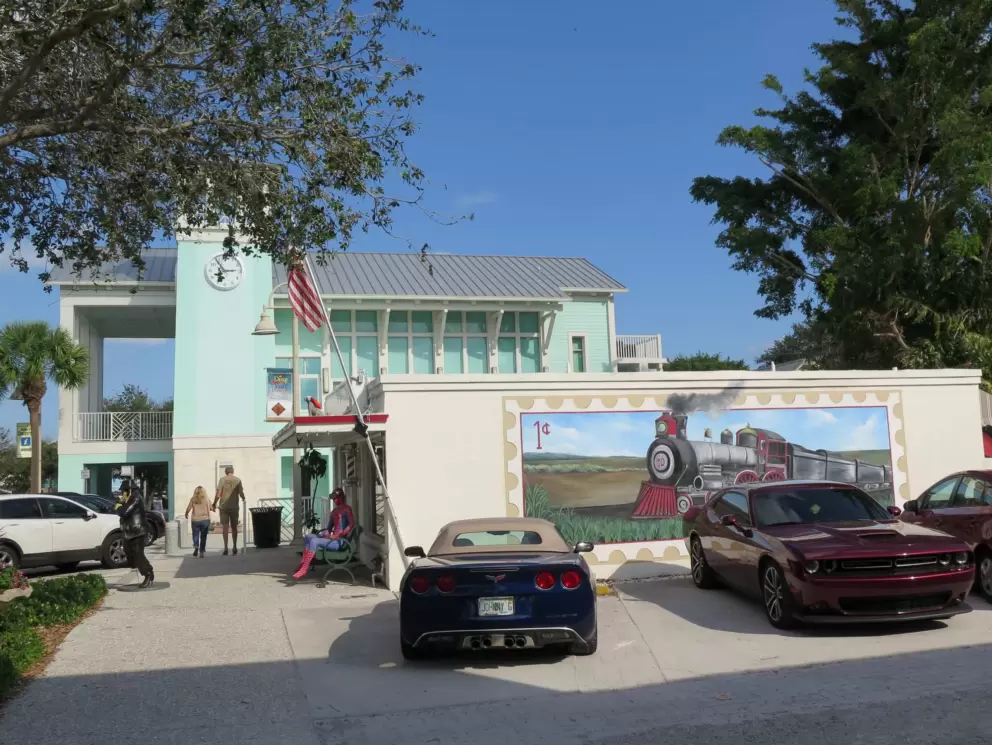 Steam train stamp mural, and Jensen Beach Community Center. 