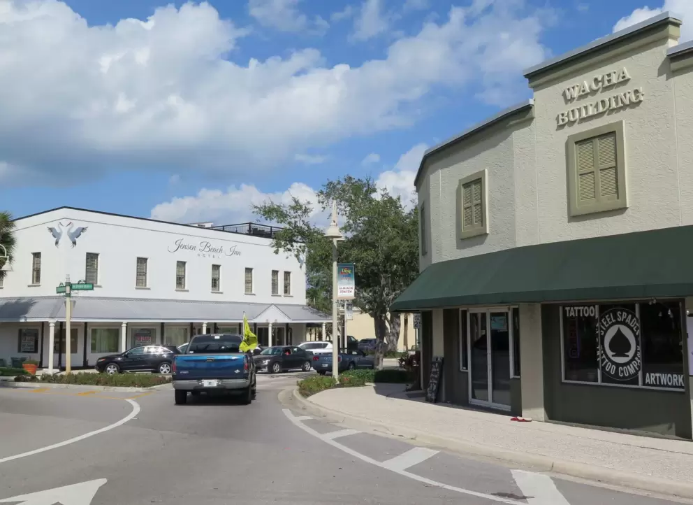 Historic building at the roundabout and train tracks. Bunk House Coffee is on the right, if you need to find it. 