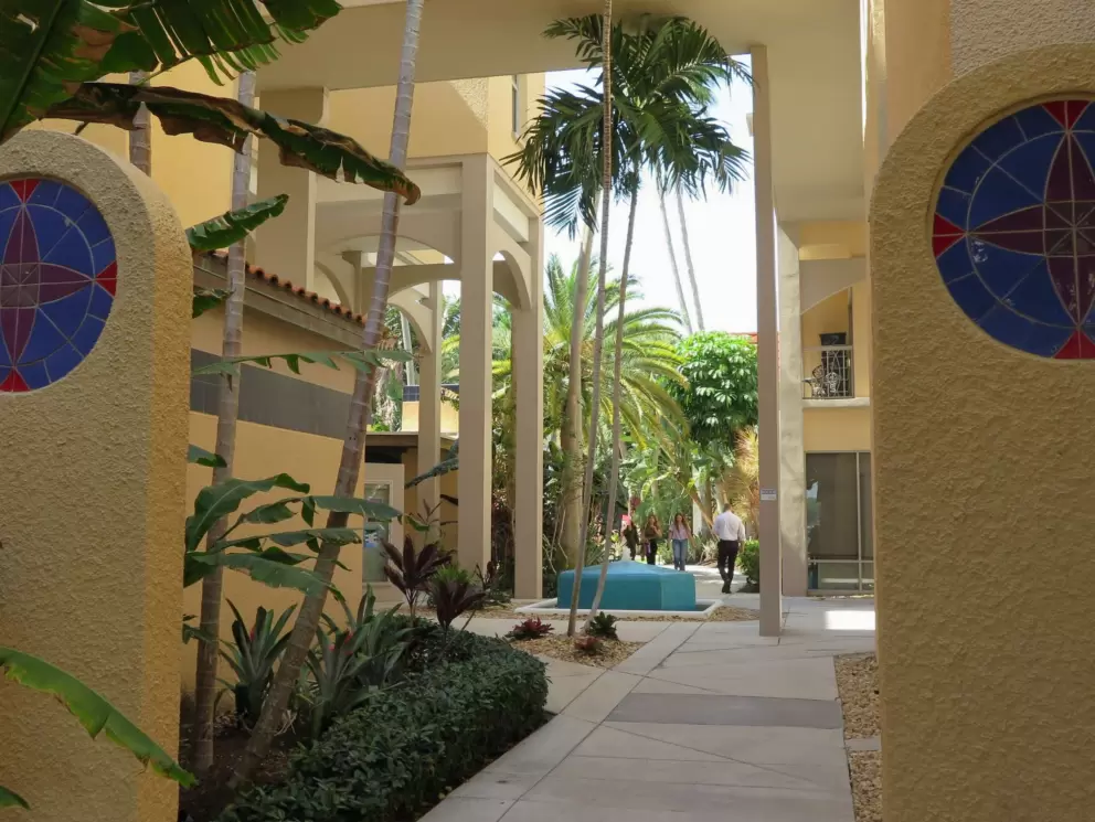 Courtyard with blue fountain and tall palms. 