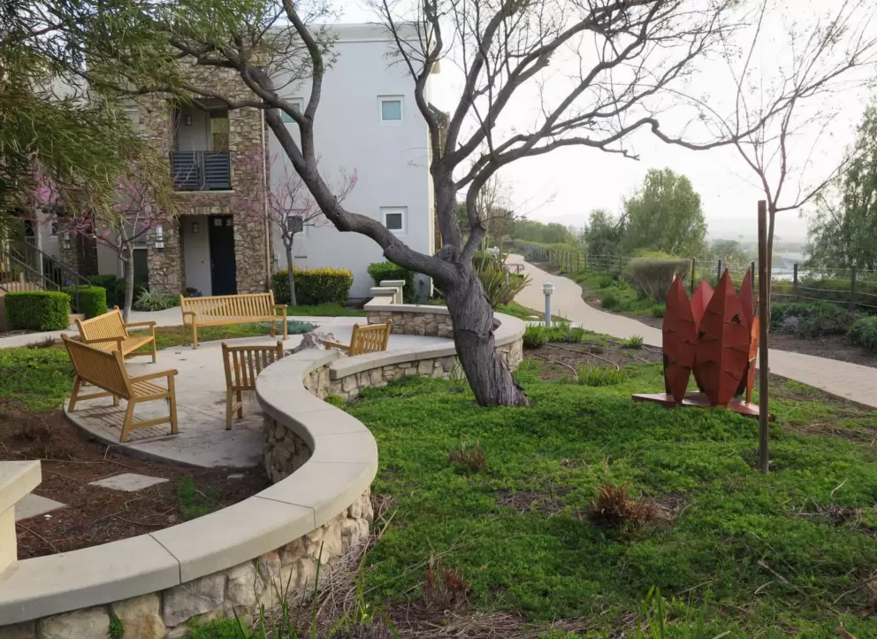 Walking path and wooden benches. 