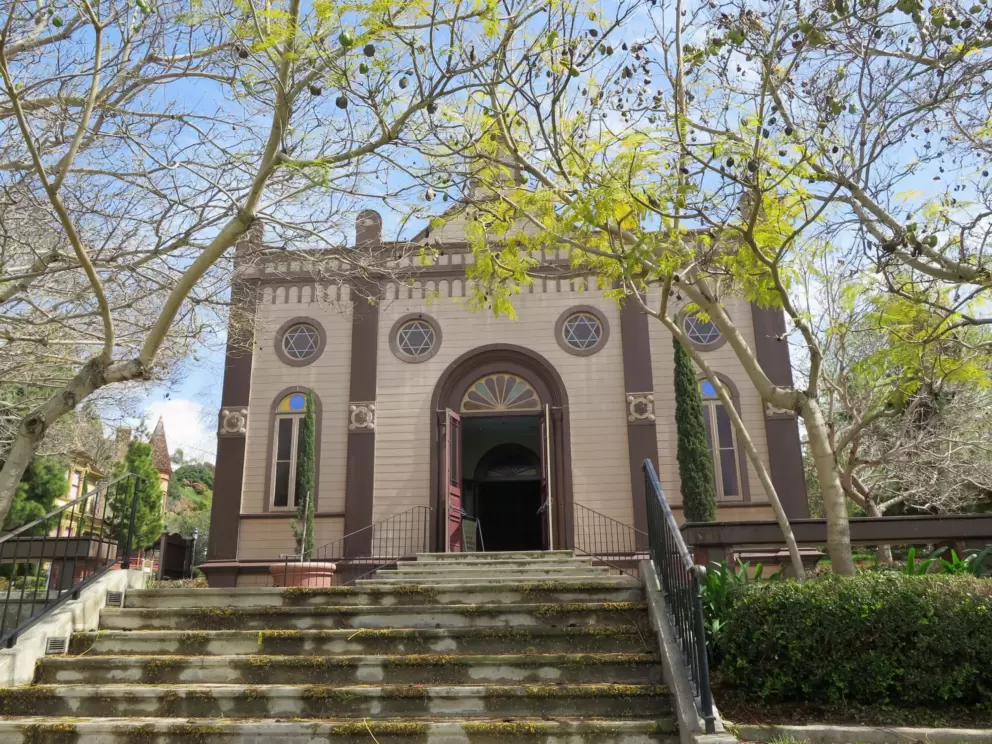 Temple Beth Israel and flowering tree in spring. 