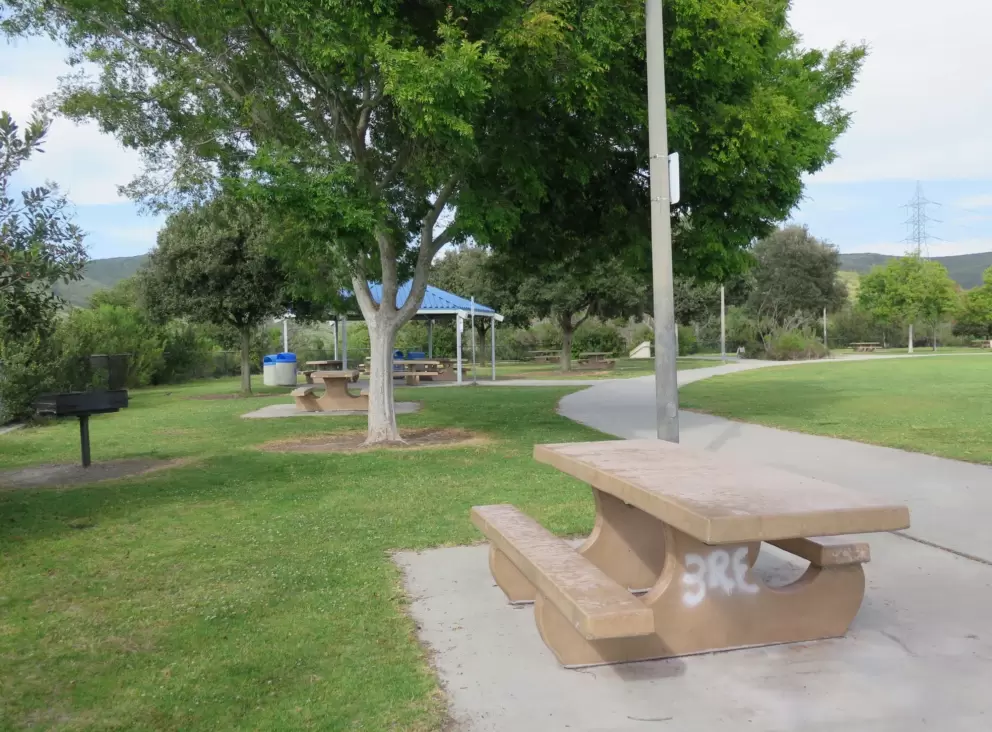 A picnic table. 