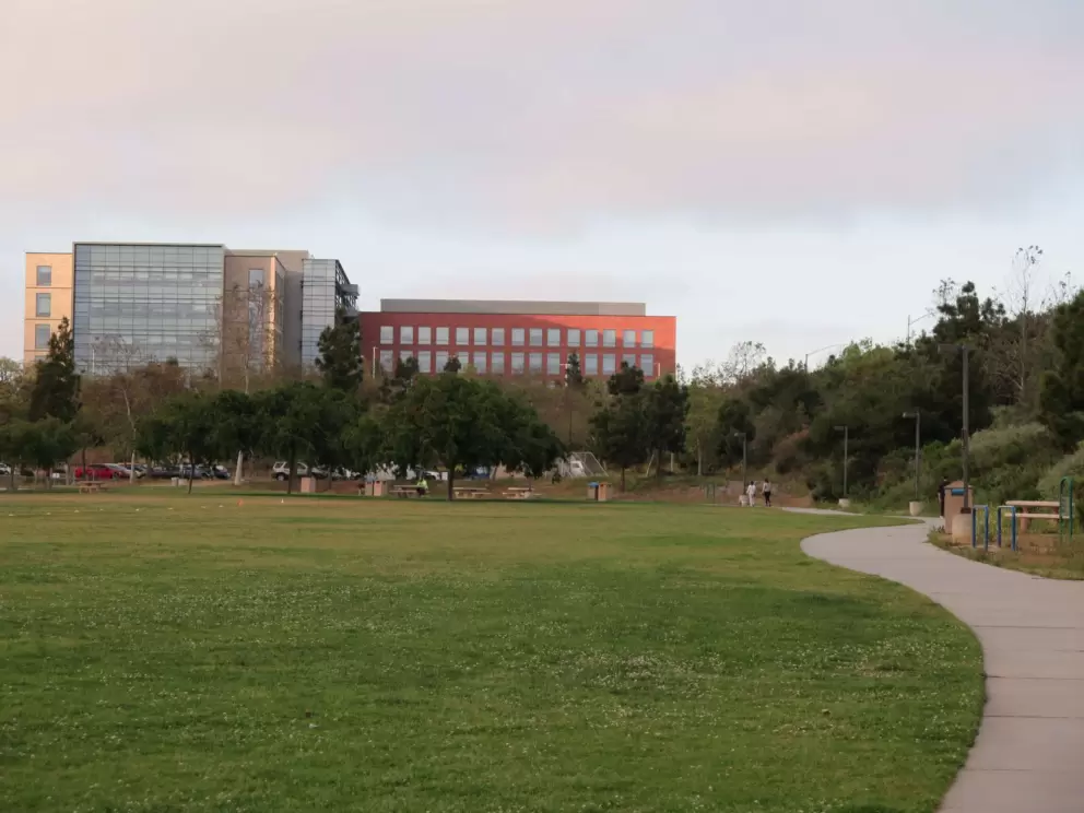 The walking path and large biomedical buildings. 