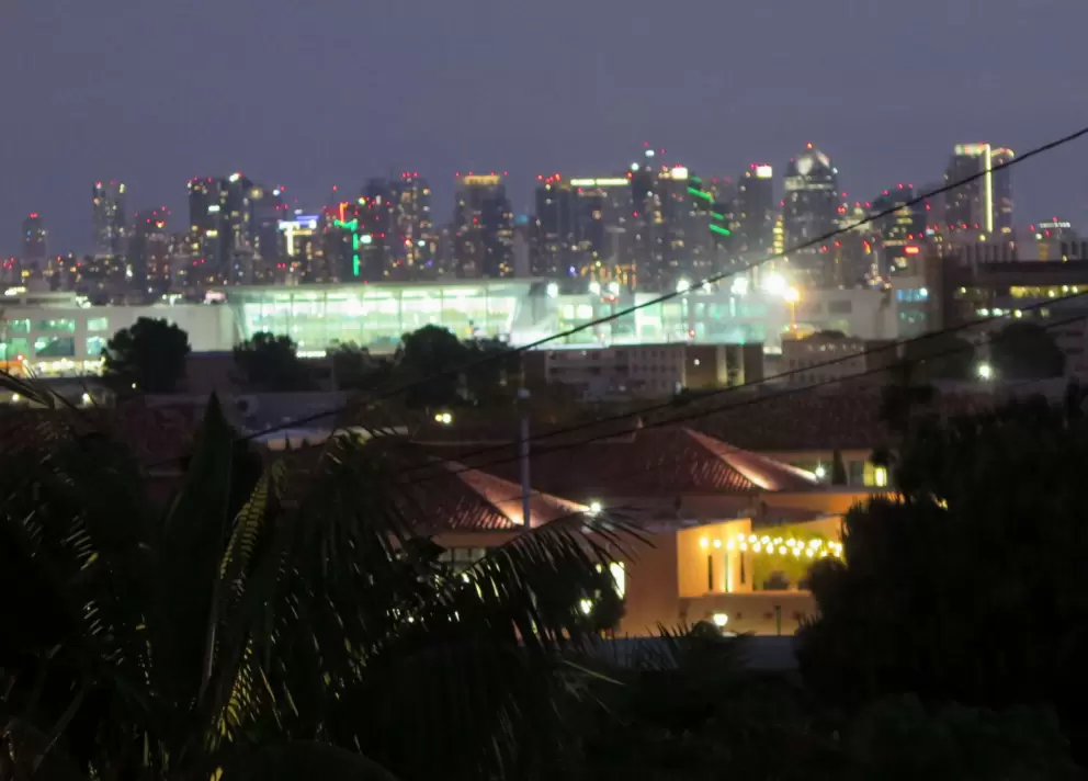View of the city skyline from the hilly street behind Liberty Station. 