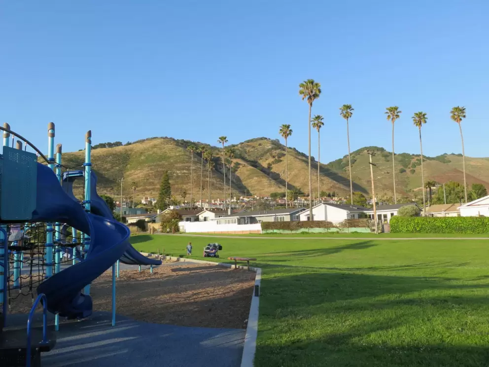 Green hills, lawn, and twisty slide. 