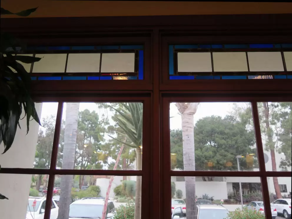 Stained glass windows in Natural Cafe. A lovely spot to sit. 