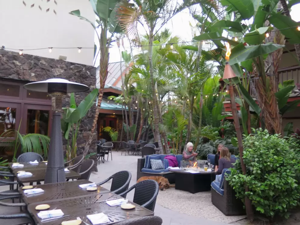 I love this spot! Strung lights and tiki torches at Moray's in Catamaran Resort Hotel. 