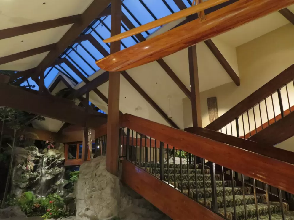 Polynesian canoe hanging from the ceiling in Catamaran Resort Hotel.