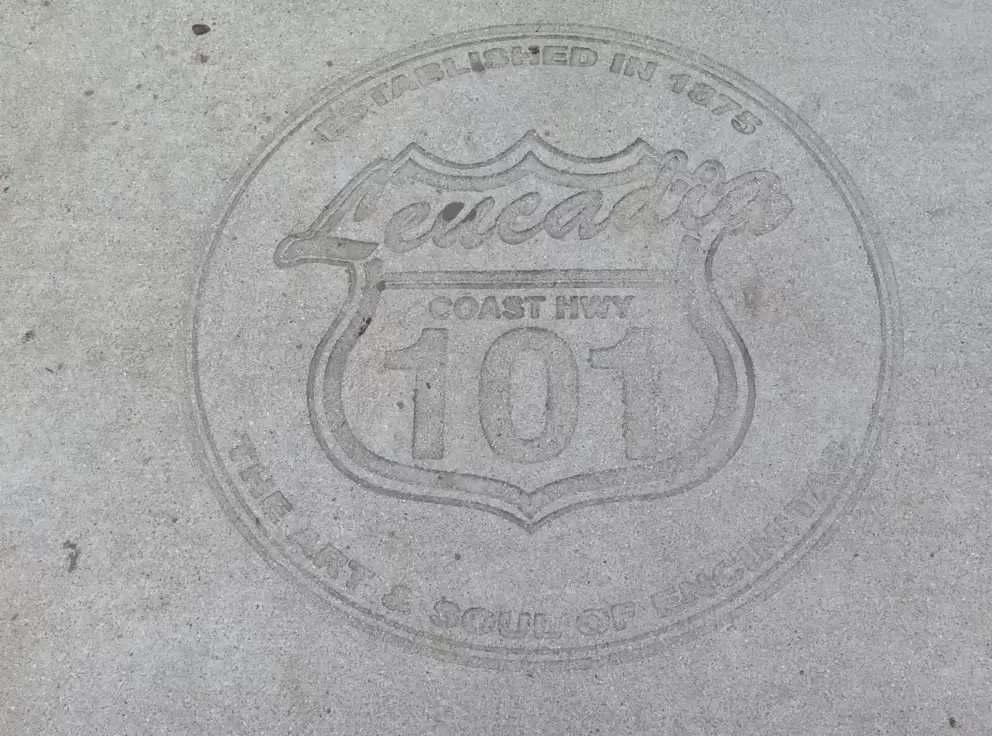 Leucadia Coast Highway 101 engraving on the sidewalk. 