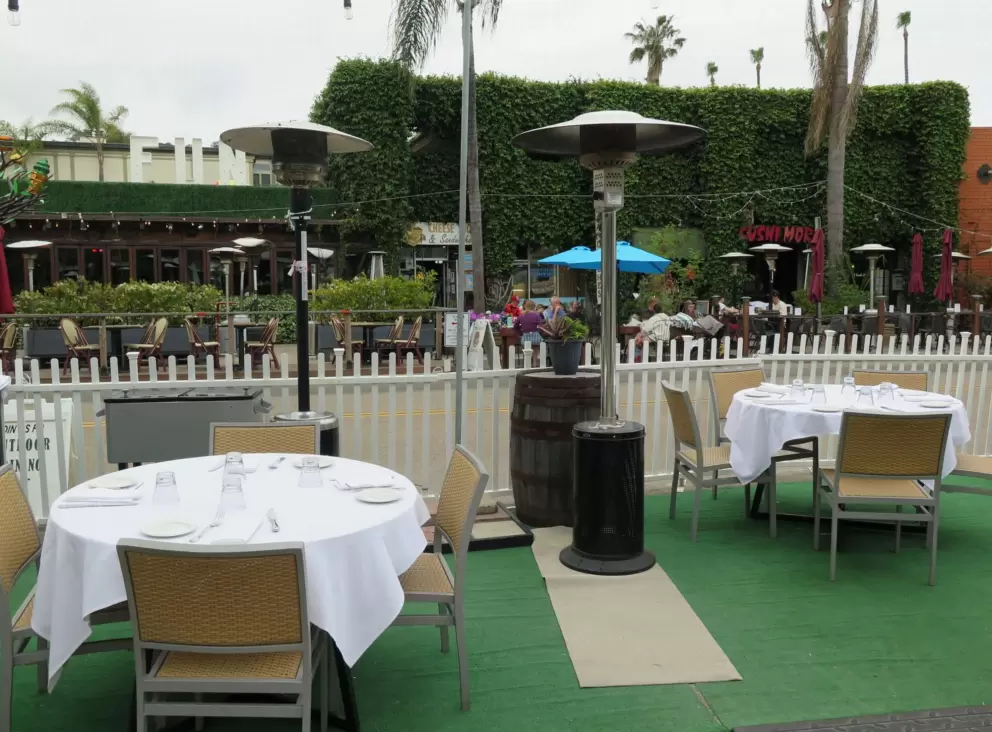 Restaurant with heat lamps. 