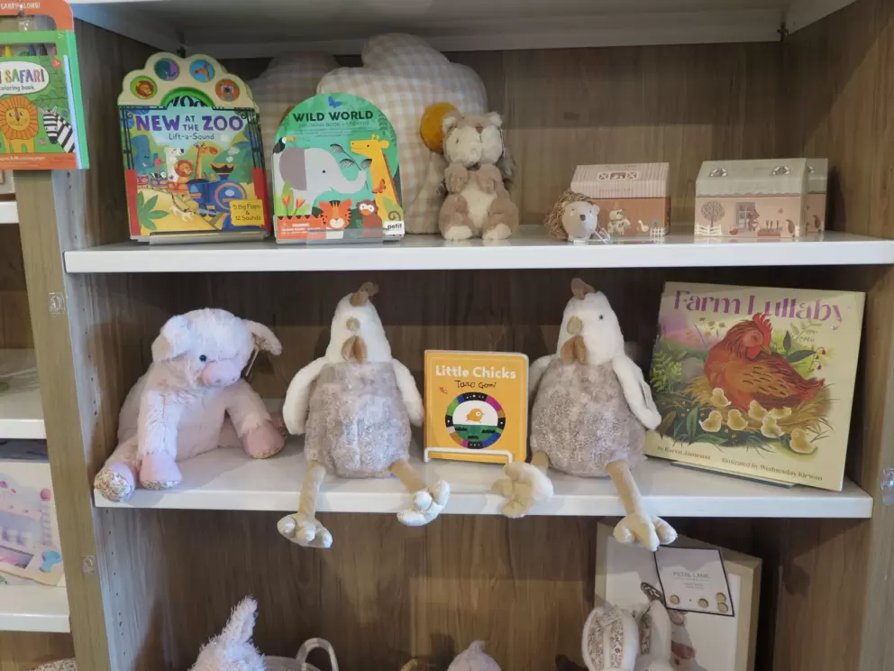 Books and stuffies for sale in Parisien Gourmandises.