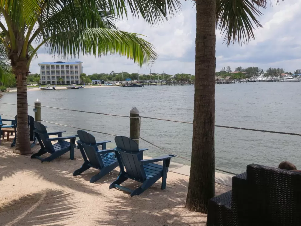 Palm shadows, the water, and the hotel in the distance. 