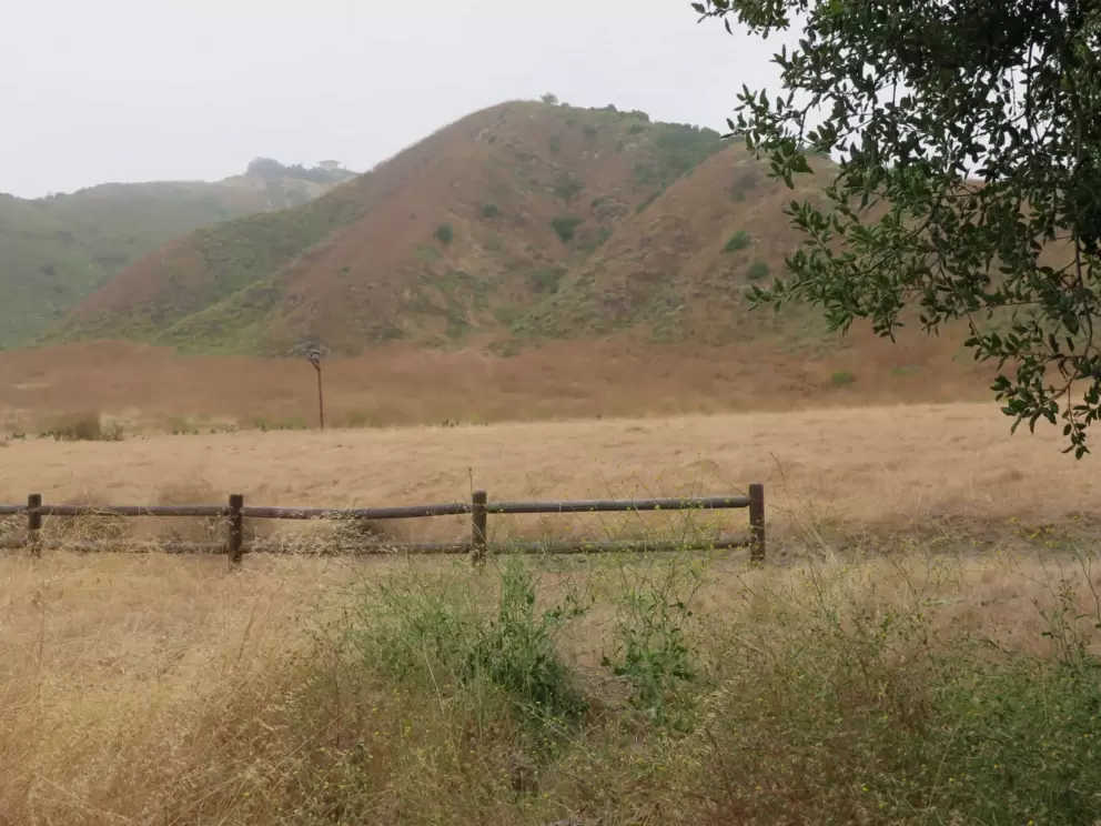 A bucolic scene, with a fence and mountain. 