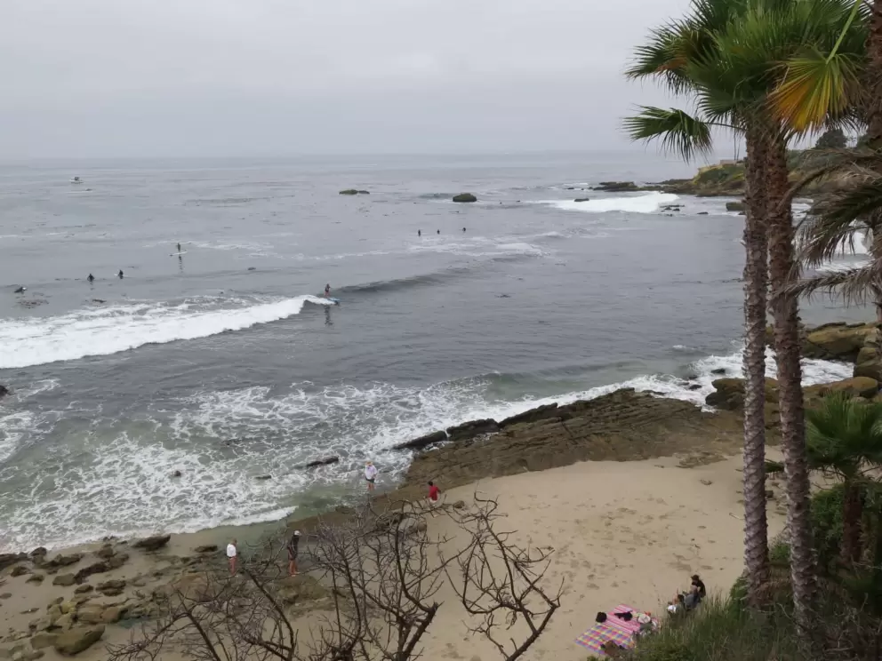 Rock pools, and surfers in the distance. 