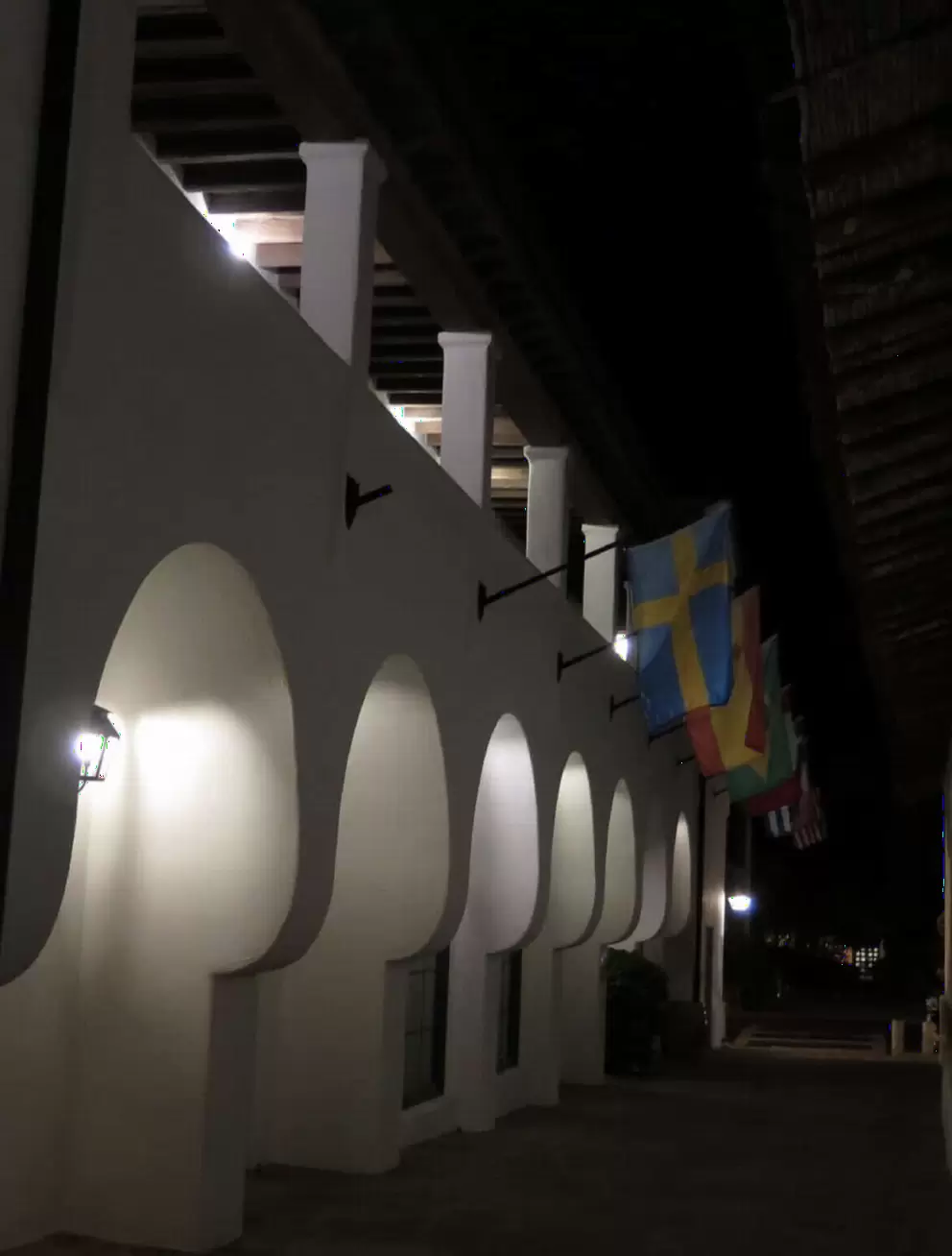 The chunky archways at night.