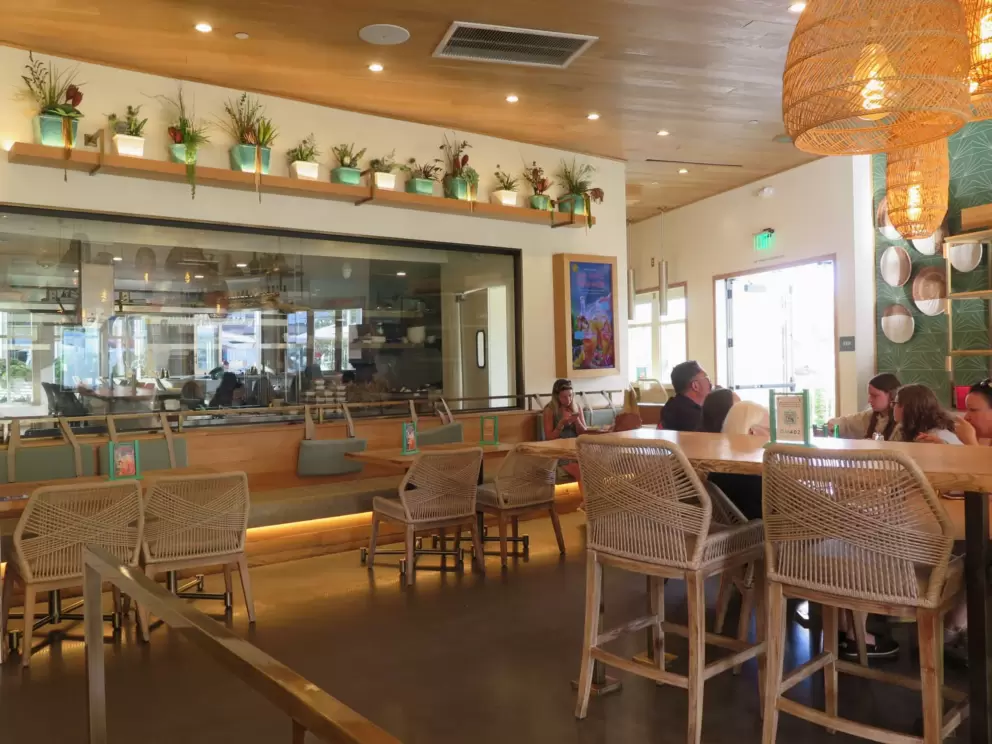 Wicker lighting inside Tocaya Modern Mexican cafe. 