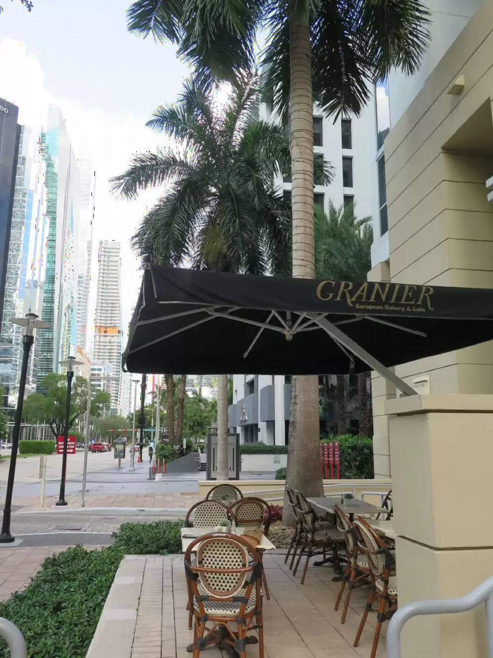 Bistro chairs and tables outside Granier Coffee, under palms. 
