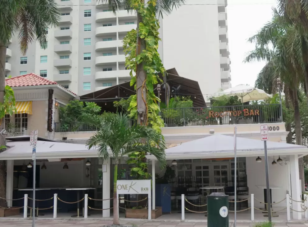 Seafood restaurant with rooftop bar, and palm tree in front with leafy vine. 