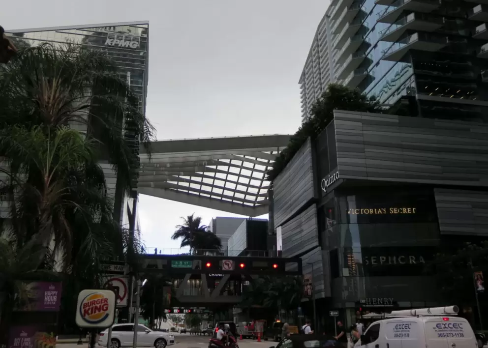The dark-hued buildings. 