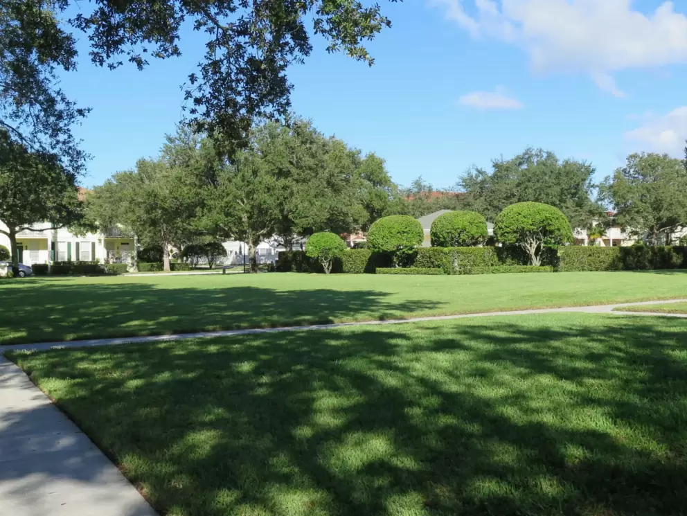 Large lawn with walkways in the Cambridge neighborhood.