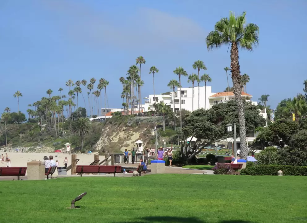 Lawn beside the beach, and cliffs in the distance. 