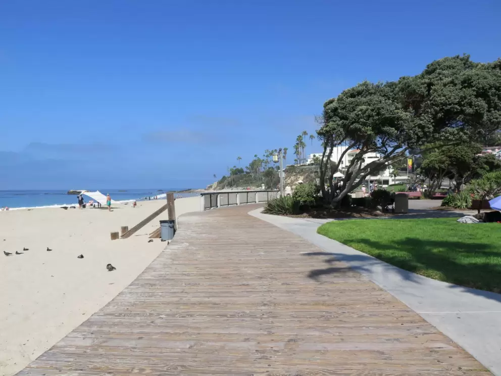 Sand, boardwalk, and lawn. 