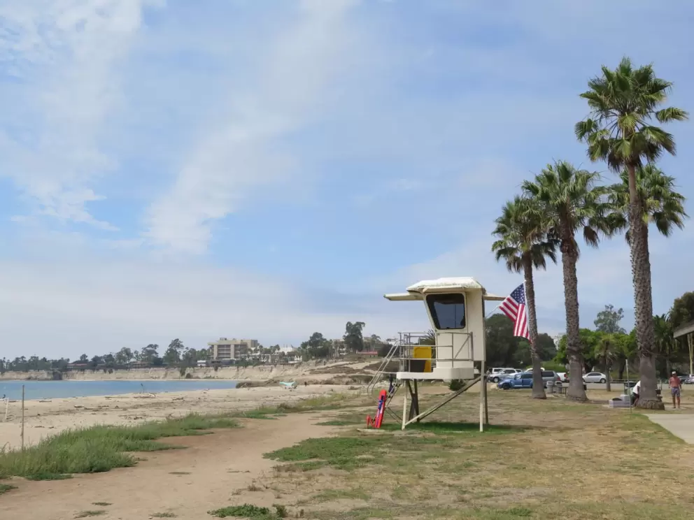 Lifeguard shack and dying lawn. I don't know why they don't use recycled water.