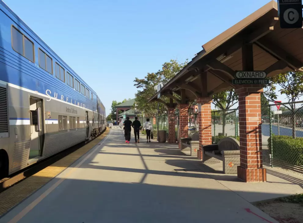 The surfliner train stops in downtown Oxnard. 
