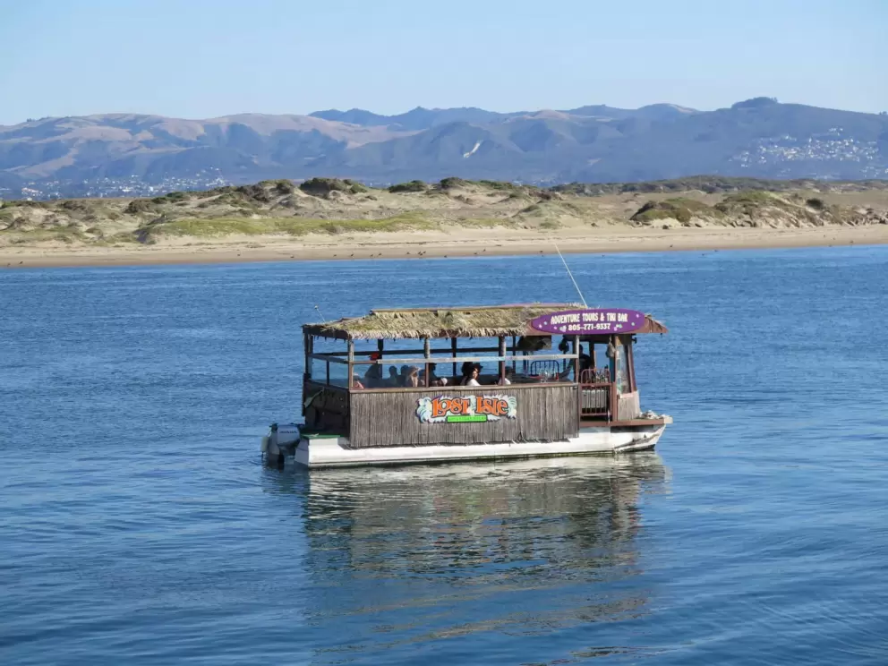 A tiki boat glides by.