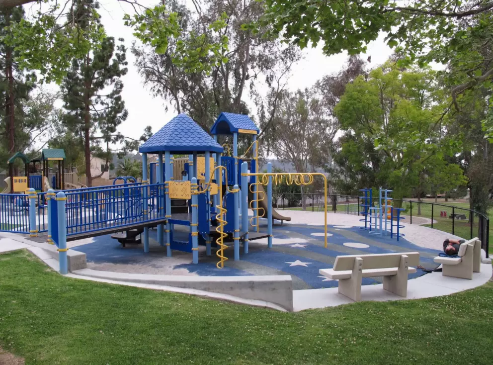 Upper level of Grantville Park: the large playground, and smaller playground behind.